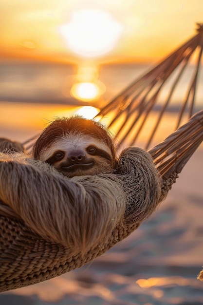 Photo sloth on the hammock on the background of the sea selective focus