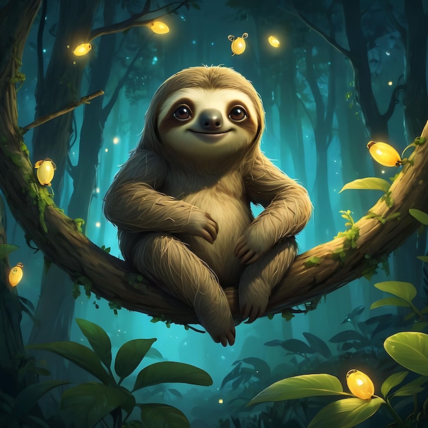 A sloth hanging on a tree branch cat in friendship day mood illustration