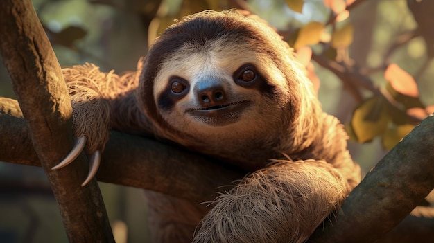 A sloth hanging on a tree branch with a blurry background