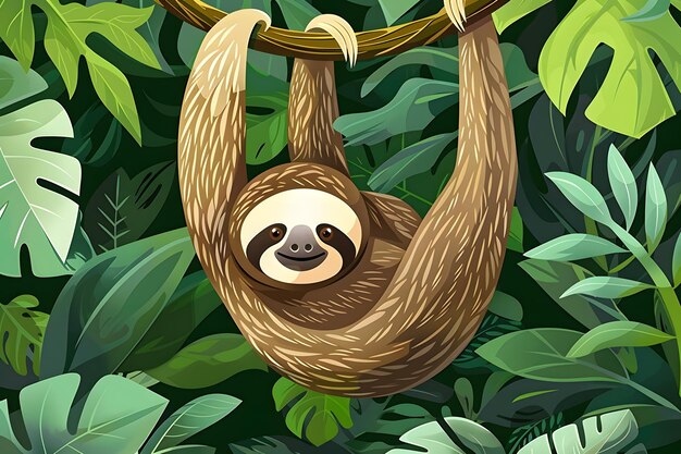 Photo sloth hangs from branch in rainforest surrounded by greenery