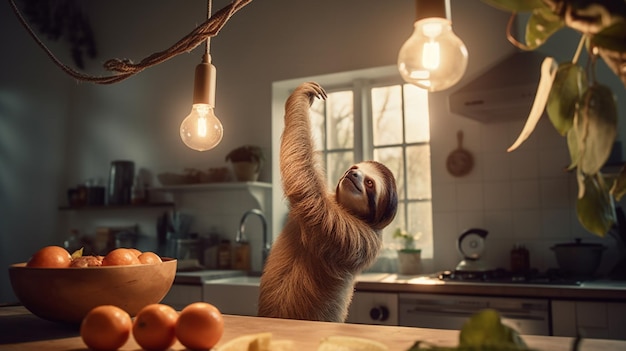 A sloth hangs on a kitchen counter in a kitchen