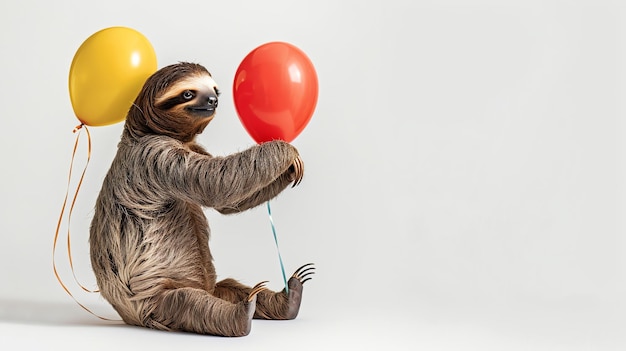 Photo a sloth holding a red balloon with a yellow balloon tied to its back