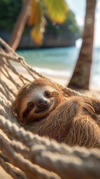 Photo a sloth is laying in a hammock with a baby sloth