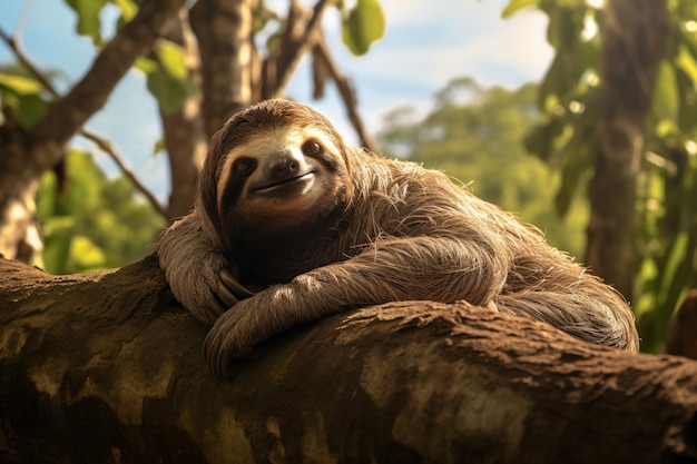 a sloth is sitting on a tree branch