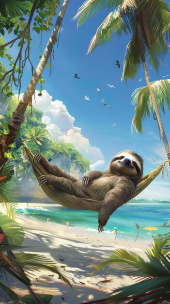 A sloth peacefully sleeps in a hammock under the sky on the beach