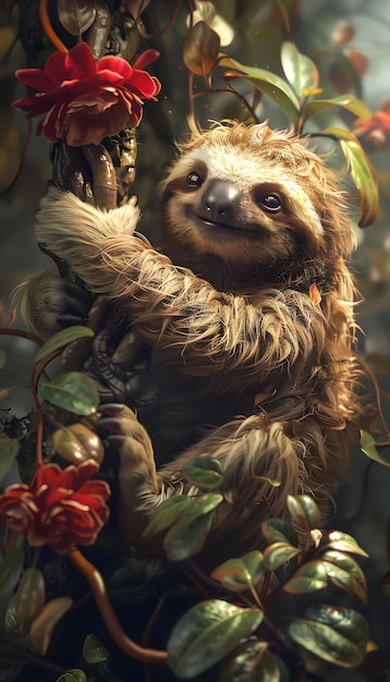 Sloth perched on tree branch surrounded by flowers in jungle