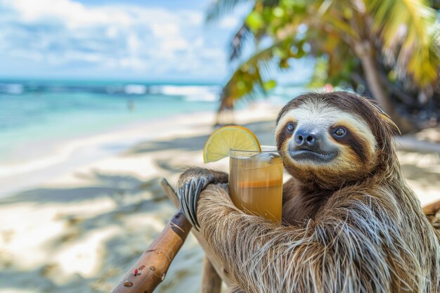 Photo sloth relaxing on a tropical beach holding a refreshing drink with a lemon slice enjoying a sunny day