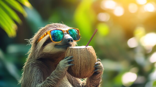 Photo a sloth in sunglasses enjoying a coconut drink in a tropical setting