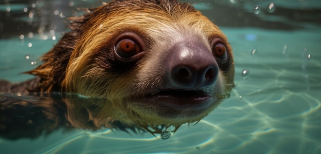 A sloth swimming in a pool of water