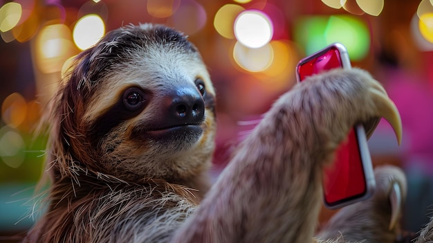 Sloth Taking a Selfie with Smartphone in a Colorful Bokeh Background