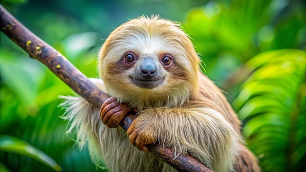 a sloth that is smiling and has a stick in its mouth