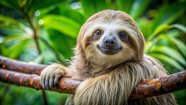 a sloth that is smiling and looking at the camera