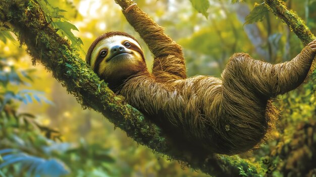 Photo a sloth in a tree with a face hanging from its trunk