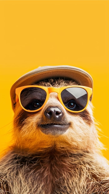 Sloth wearing glasses and hat on yellow background