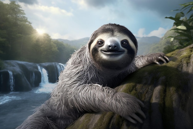 Sloth with a backdrop of a serene mountain landscape