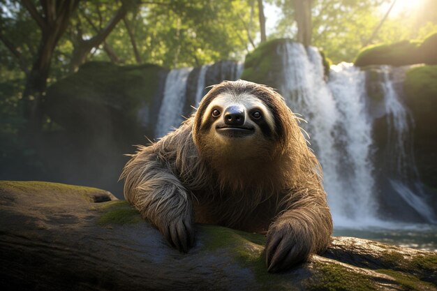 Sloth with a backdrop of a serene mountain landscape