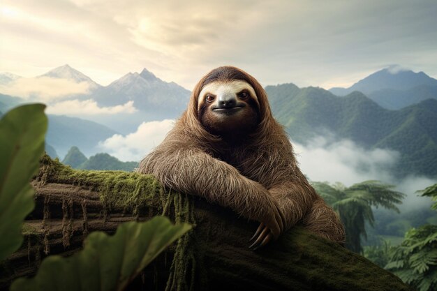 Sloth with a backdrop of a serene mountain landscape