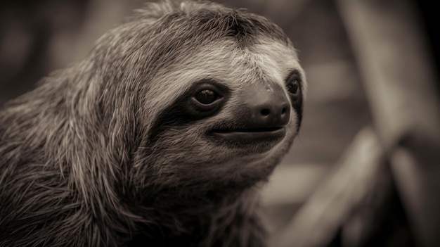 A sloth with a black face is looking at the camera.