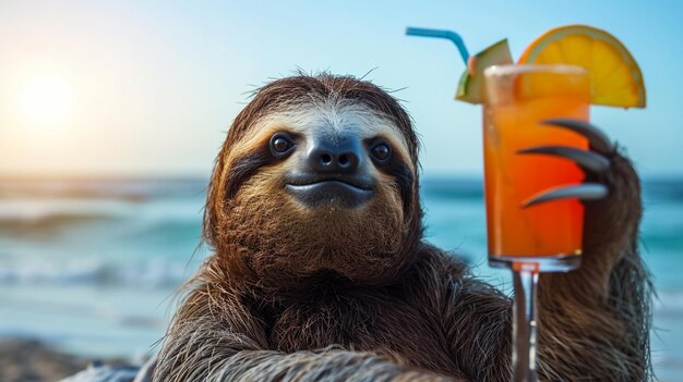 sloth with a cocktail on the beach