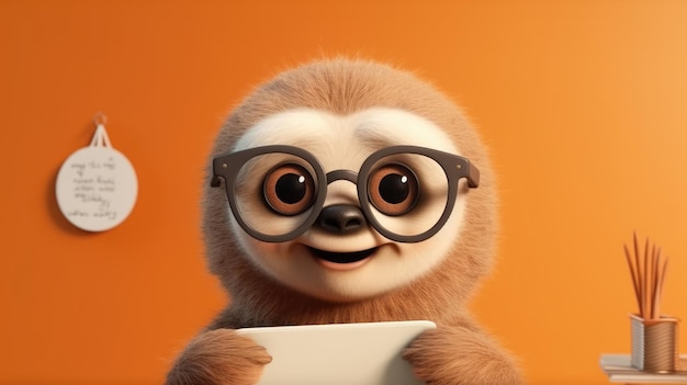 A sloth with glasses holding a paper in front of it.