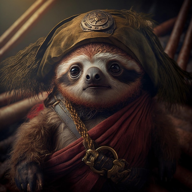 A sloth with a gold medallion on his hat