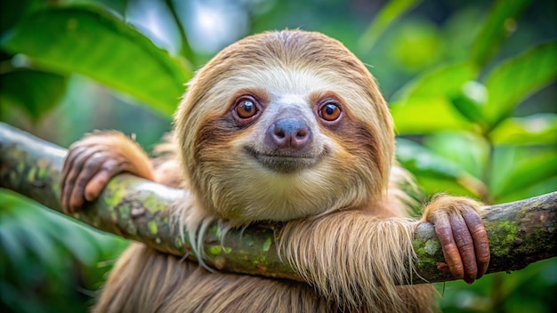 Photo a sloth with a green background and a brown eye and a green background