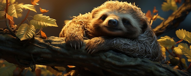 Photo a sloth with a hand on his back is lying on a tree branch