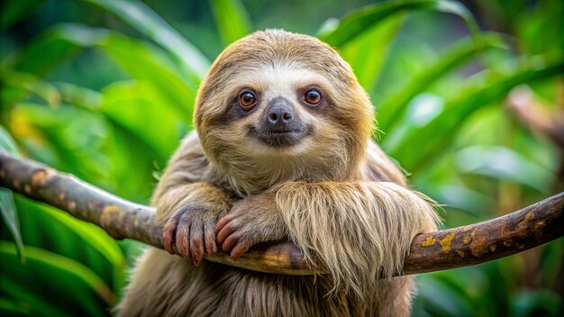 Photo a sloth with a long tail is sitting on a branch