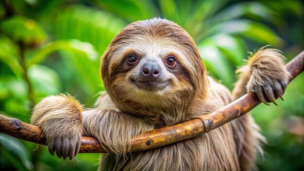 Photo a sloth with a stick in its mouth and a smile on its face