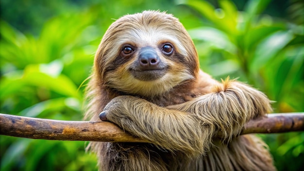 a sloth with a stick in its mouth