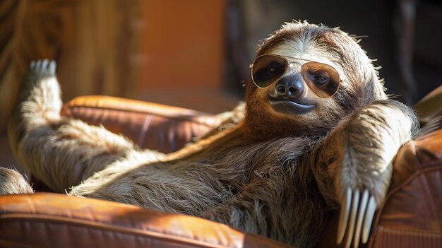 Photo a sloth with sunglasses on its head is laying on a chair