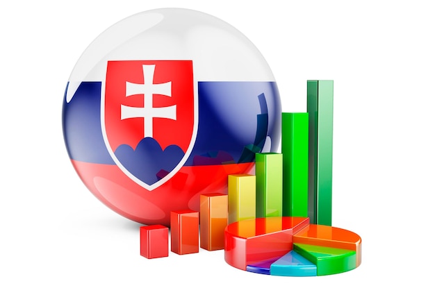 Slovak flag with growth bar graph and pie chart Business finance economic statistics in Slovakia concept 3D rendering