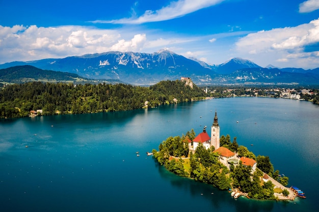 Slovenia - Aerial view resort Lake Bled.