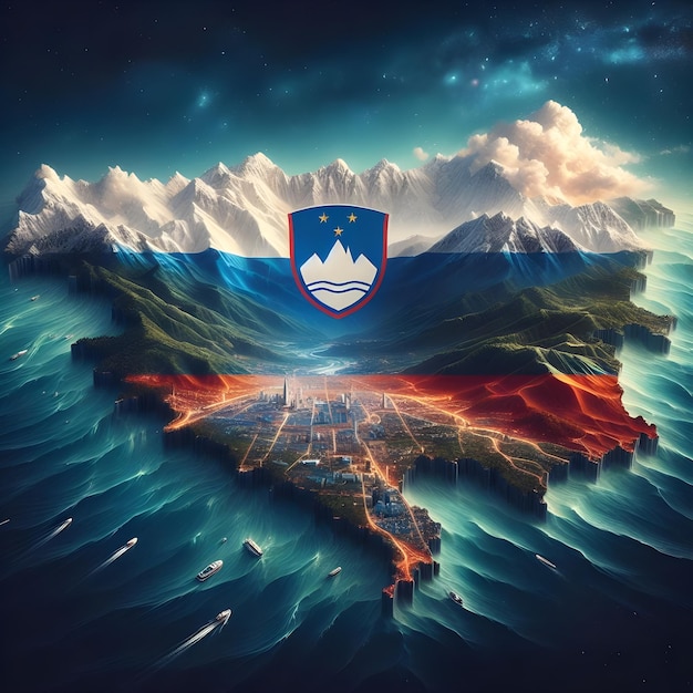 Slovenia map with waving flag of country realistic photo