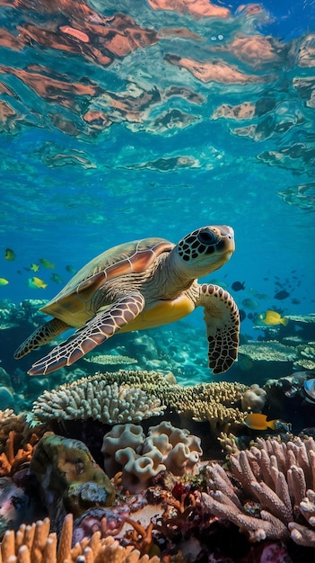 A slow cute turtle swimming in the underwater tropical reef generated by artificial intelligence