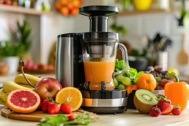 Photo slow juicer with fruit vegetables on wooden table with white background for a healthy lifestyle