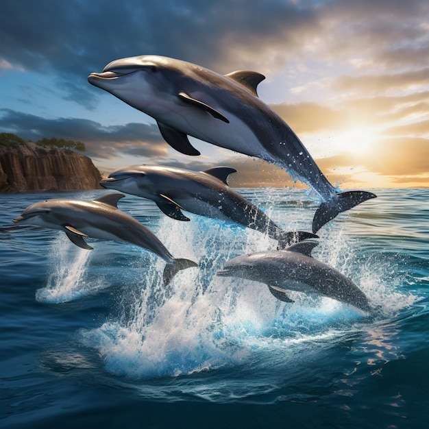 Slow motion group dolphins jumping picture Generative AI