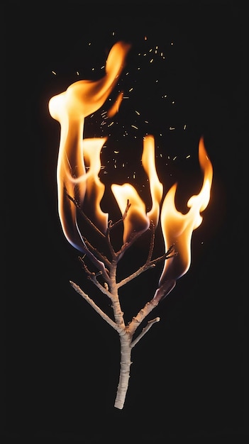 Photo slow motion shot of small wooden tree branch burning in flames on black background