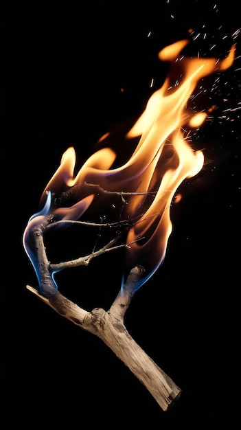 Photo slow motion shot of wooden tree branch burning on fire on black background