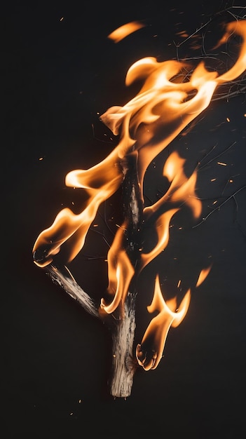 Slow Motion Shot of a Wooden Tree Branch Burning in Fire on Black Background