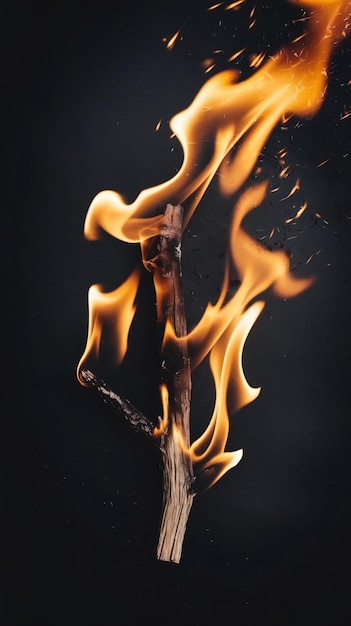 Slow Motion Shot of a Wooden Tree Branch Burning in Fire on Black Background