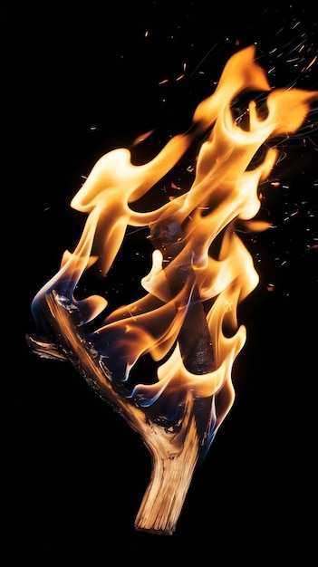 Slow Motion Shot Wooden Tree Branch Burning in Intense Fire on Black Background Flames Dying Out