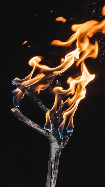 Photo slow motion shot wooden tree branch burning in intense fire on black background flames dying out