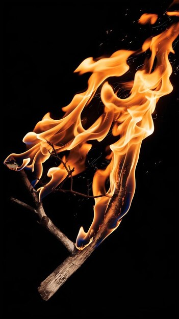 Photo slow motion shot wooden tree branch burning in intense fire on black background