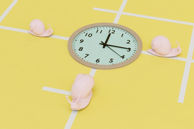 Slow progress of work wall mounted round clock around which snails crawl on a yellow background