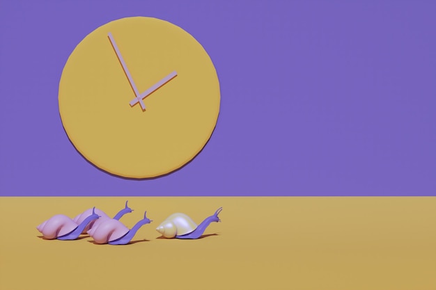 slower snails on pastel background. Lazy and slow snail next to an clock.