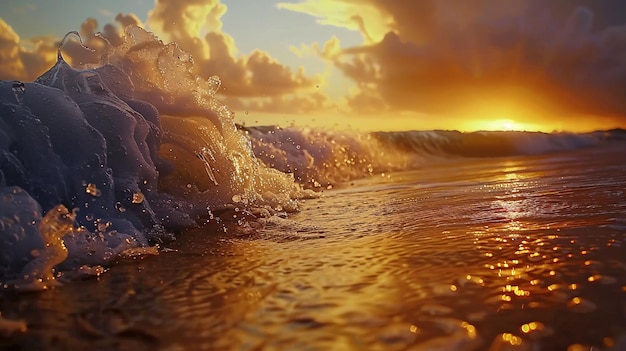 A slowmotion capture of waves gently crashing on a sandy shore