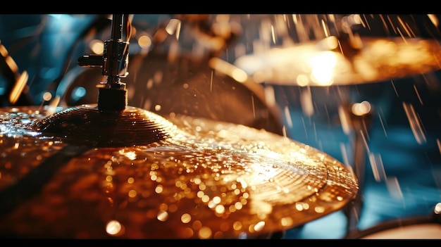 A slowmotion shot of a drum kit being played with incredible speed and precision the cymbals and