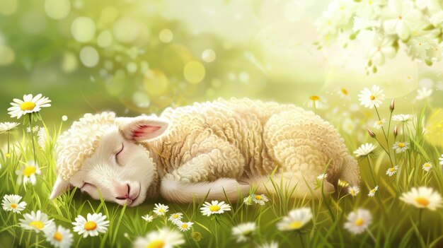 Photo slumber in daisy meadows a charming lambs peaceful retreat generative ai