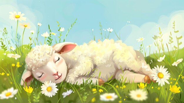 Photo slumber in daisy meadows a charming lambs peaceful retreat generative ai